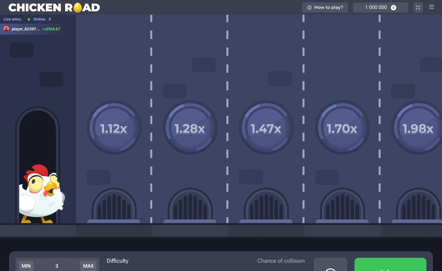 Original Chicken Road demo interface with the chicken, road, difficulty settings and Play control